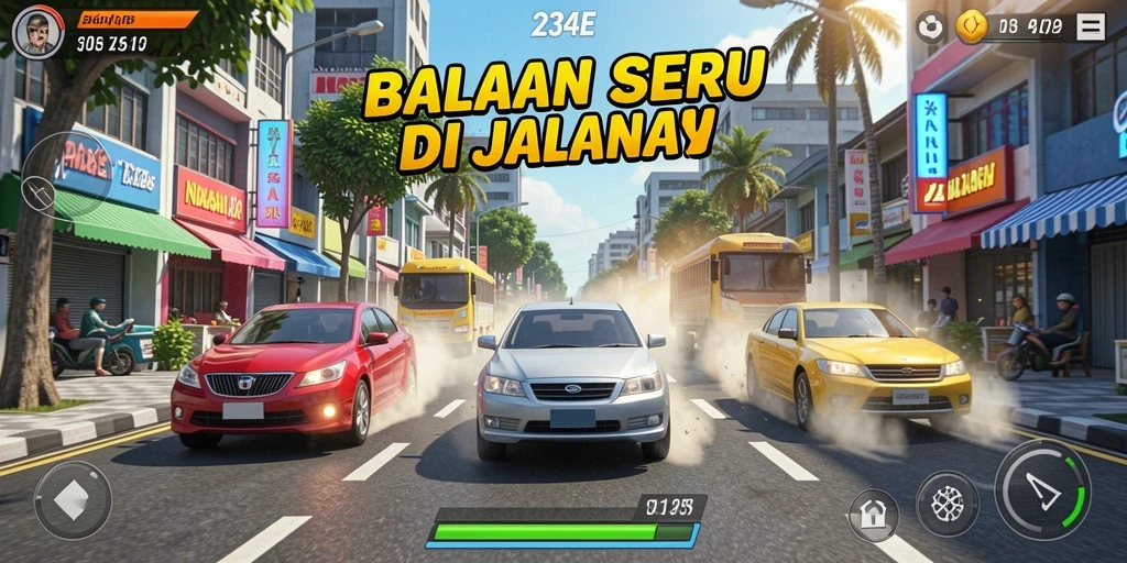 Screenshot utama 234E menampilkan aksi balapan yang mendebarkan di lintasan.