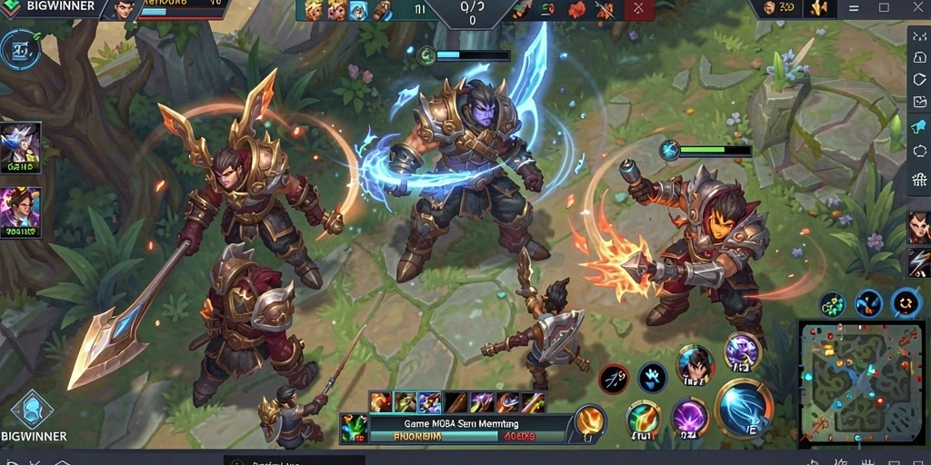 Screenshot gameplay <strong>BIGWINNER</strong> menampilkan pertempuran seru dalam arena MOBA.