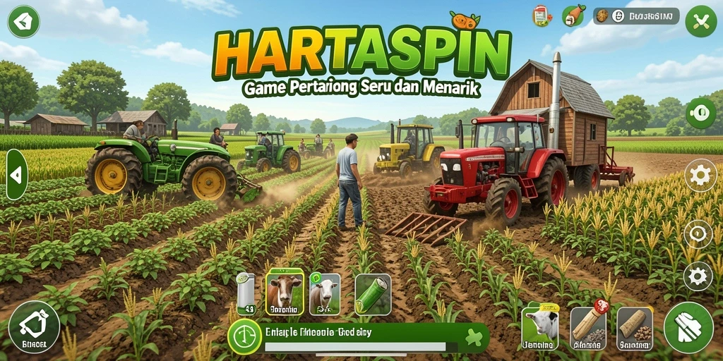 Tampilan gameplay HARTASPIN menunjukkan aktivitas bertani yang seru.