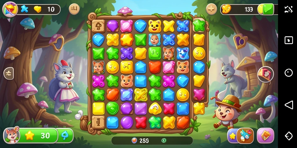Tampilan gameplay seru Match-3 di KNO89 dengan kombinasi gem.
