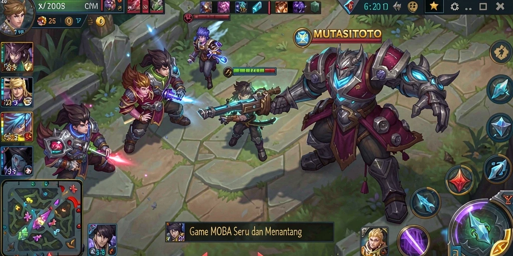 Screenshot gameplay seru MUTASITOTO dengan karakter bertarung di arena.