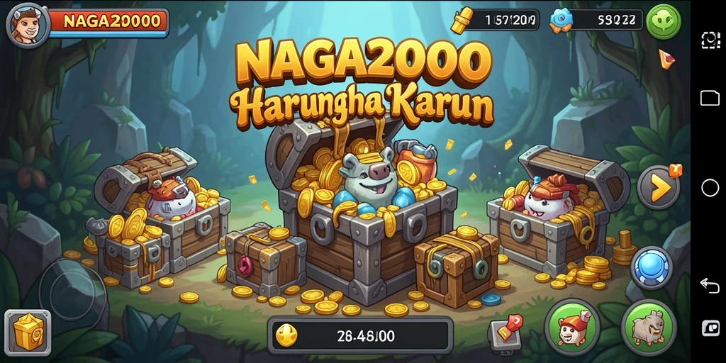 Screenshot gameplay NAGA2000 yang menunjukkan aksi pengumpulan harta.